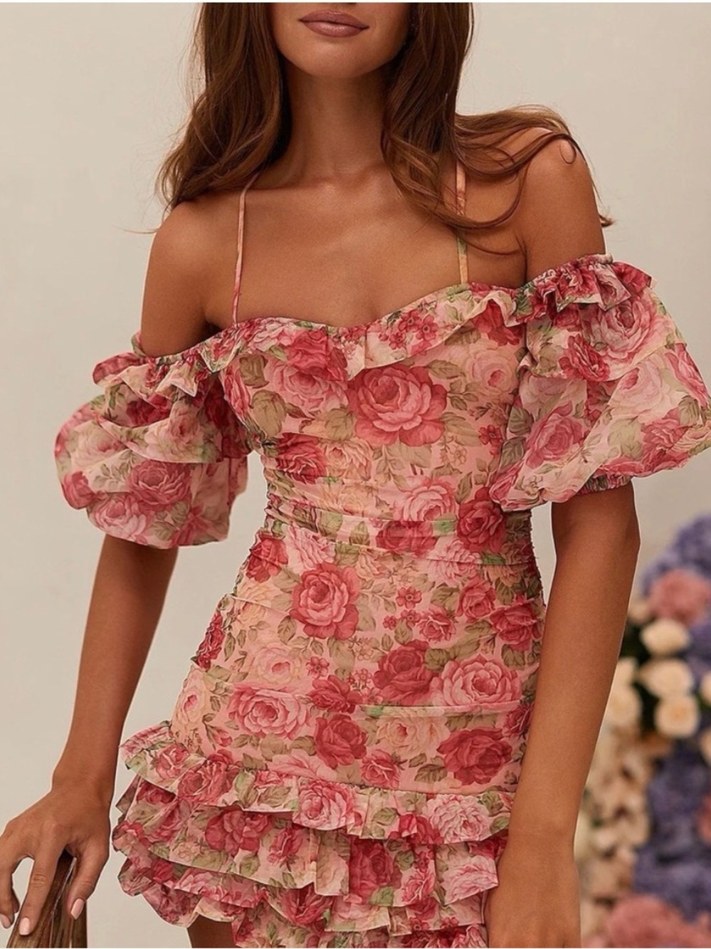 Alamour The Label Floral Off-Shoulder Ruffle Mini Dress - Pink Rose